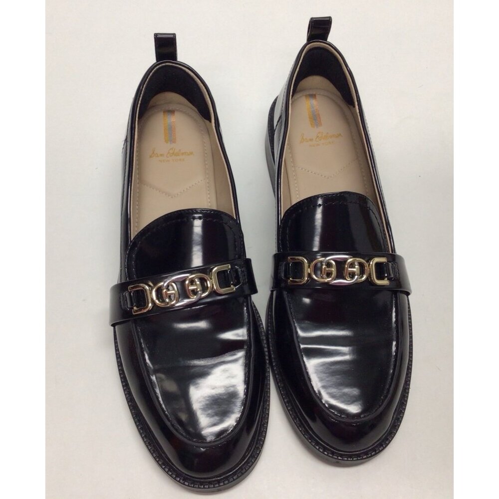 Sam Edelman Black Patent Loafers with Gold Accents